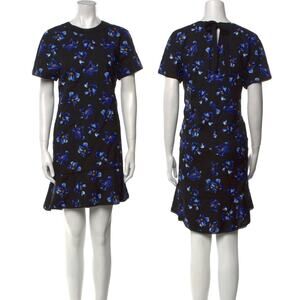 Proenza Schouler Floral Print Blue Black Tie Back Short Sleeve Mini Shift Dress